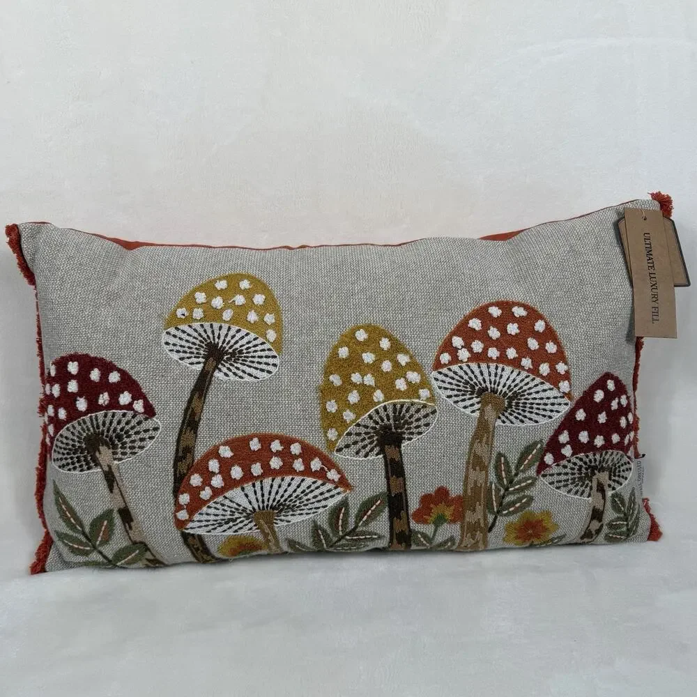 Well Dressed Home Mushroom Embroidered Lumbar Pillow Cottagecore Woodland NWT